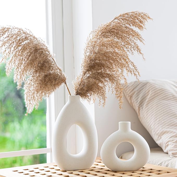 White Ceramic Vase Set of 2 for Modern Home Decor, Round Matte Donut Vases for Pampas Grass, Boho Nordic Minimalism Style Modern Flower Vases for Living Room Table Bookshelf Office Bedroom