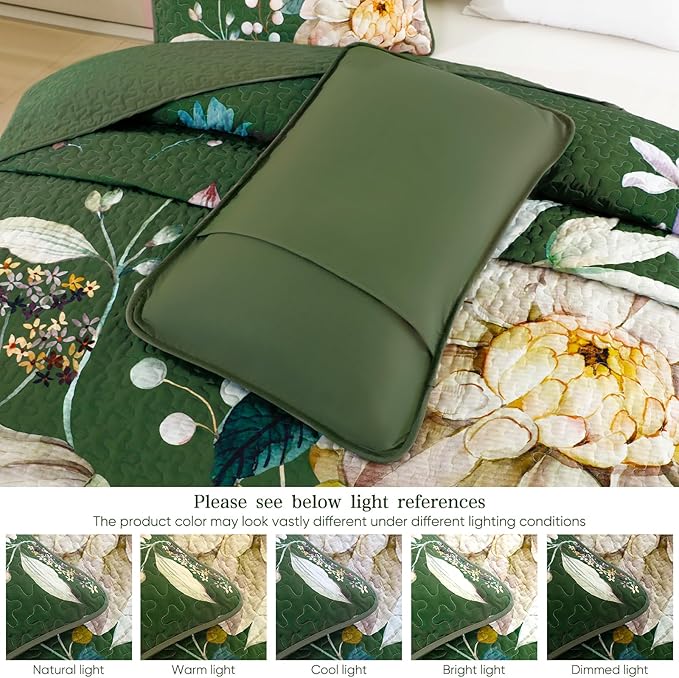 Drucon Floral Quilt King Size - 3 Pieces Green Quilt Botanical Bedspread Soft Lightweight Flower Bedding Set for All Season (104"x90")