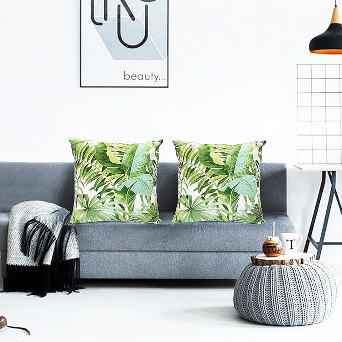 Decorative Throw Pillow Covers Set of 2 Green Leaves of Tropical Pillow Covers 20x20 inch Super Soft Short Plush Square Throw Pillows,Farmhouse Outdoor Pillow Covers for Couch Living Room