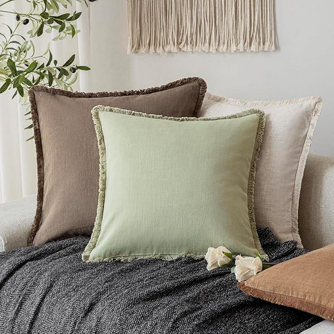 Foindtower Decorative Linen Fringe Throw Pillow Covers Cozy Boho Farmhouse Cushion Cover with Tassels Soft Accent Pillowcase for Chair Sofa Bed Living Room Home Decor, 26×26 Inch, 1PC,Light Sage Green