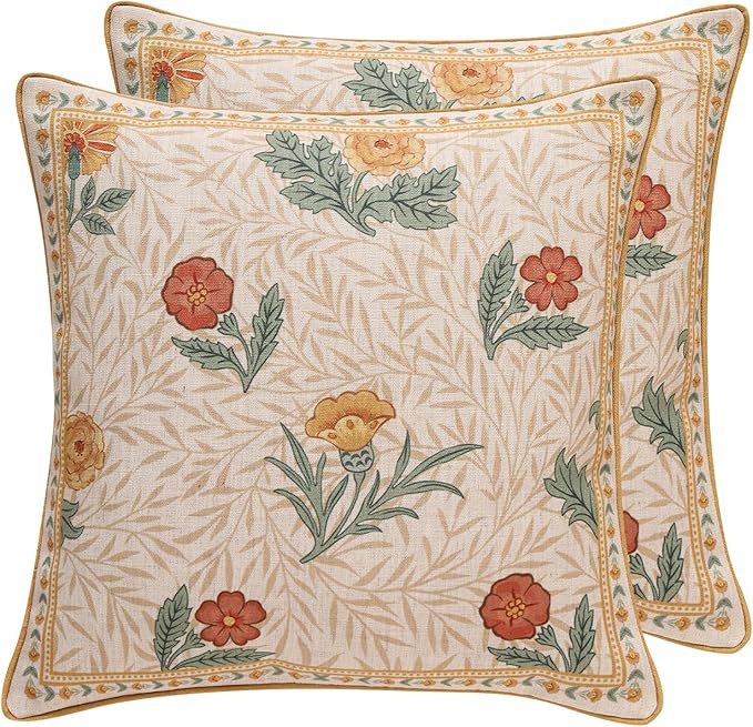 patdrea Designer Throw Pillow Covers for Couch 18"x18",Vintage French Linen Pillows Cover with Daisy Floral Pattern,Beige Soft Farmhouse Decorative Square Cushion for Bed,Outdoor,Set of 2