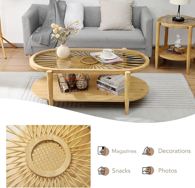 RUSTOWN Rattan Coffee Tables,2-Tier Oval Boho Cocktail Tables, Mid Century Modern Coffee Table with Rattan & Tempered Glass Top and Wood Legs, Sofa Table for Living Room(Natural)