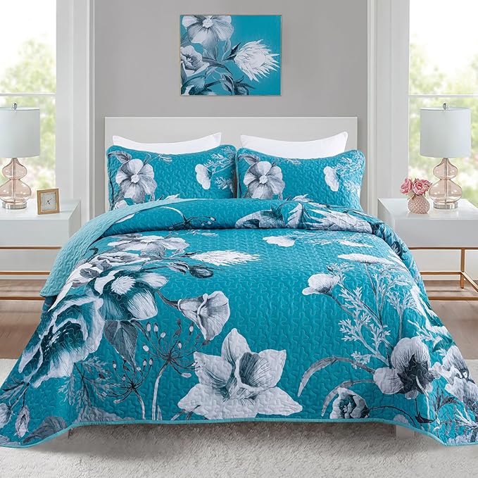 Floral Quilt Set Queen 3 Pieces Teal Blue Floral Quilt Coverlet Set Soft Microfiber Lightweight Teal Blue Quilted Bedspread for All Season 90"x96"