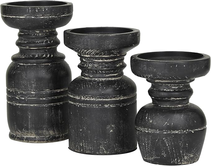Deco 79 Wood Decorative Candle Holder Candle Stand, Set of 3 Candlestick Holder 9", 7", 6"H, Black
