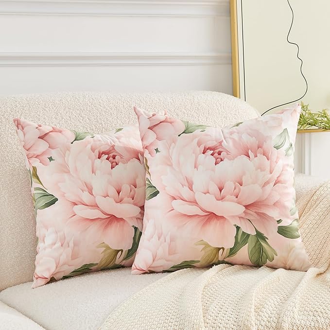 Pink Floral Throw Pillow Covers 20x20 Set of 2, Decorative Peony Flower Cushion Cases, Soft Plush Pillow Covers for Farmhouse Sofa Couch Bed Home Decor