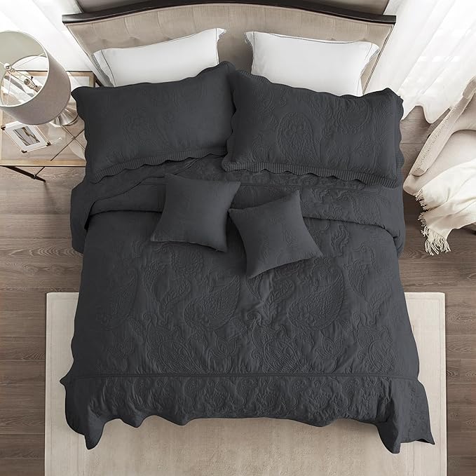 HZ & HY Queen Size Bedspread, Quilted Coverlet Bedding Set, Lightweight Thin Comforter, Reversible, Luxurious, 5 Piece, 100% Microfiber, Queen, Dark Grey