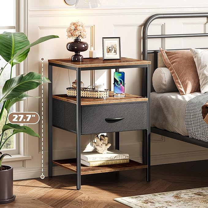 SUPERJARE Night Stand with Charger Station, 27.7 Inch Tall Nightstand with Adjustable Fabric Drawer, Bed Side Table, Fabric Drawer Dresser for Bedroom, Living Room, Rustic Brown and Black