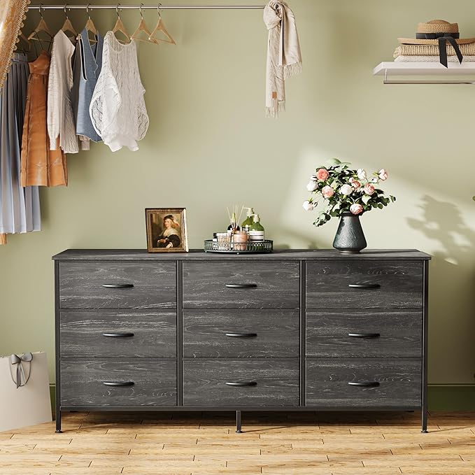 Huuger 9 Drawer Dresser, 47 Inch TV Stand for 50, 55 Inch TV, Entertainment Center with Drawers, Fabric Dresser Chest of Drawer for Bedroom, Closet, Charcoal Black Wood Grain Print