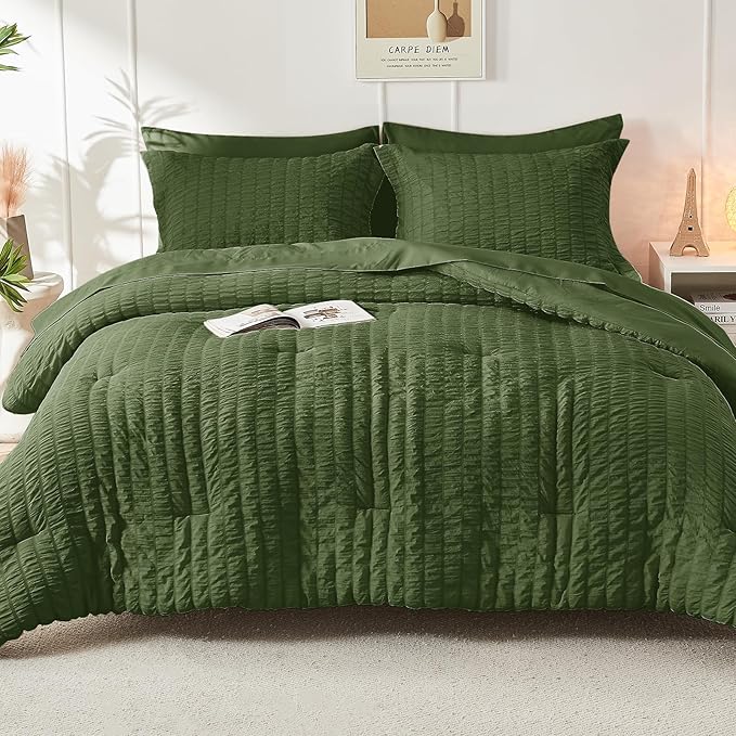 HYMOKEGE Olive Green Twin XL Comforter Set Seersucker 5 Pieces, All Season Luxury Bed in a Bag for Bedroom, Bedding Set with Comforter, Sheets, Pillowcase & Sham