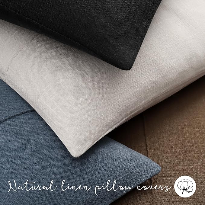 ZWJD Decorative Linen Throw Pillow Covers 18x18 Set of 2 Solid Handcrafted Striped Cushion Covers for Bed Soft Modern Farmhouse Neutral Pillowcase for Couch Bedroom Living Room Home Decor(Slate Blue)