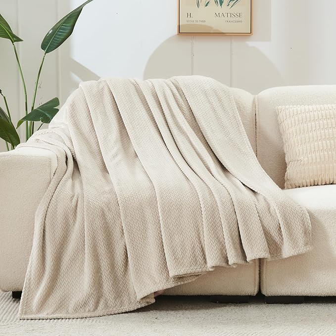 NEWCOSPLAY Super Soft King Blanket Linen Premium Silky Flannel Fleece Leaves Pattern Lightweight Bed Blanket All Season Use (Linen, King(90"x110"))