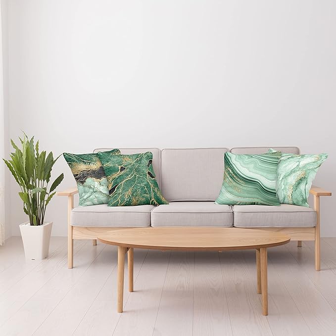 Ambesonne Marble Print Throw Pillow Cushion Case Pack of 4, Abstract Look Nature Stone Ornaments Modern with Minty Details Print, Modern Accent Double-Sided Digital Printing, 24", Jade Green Dark Grey