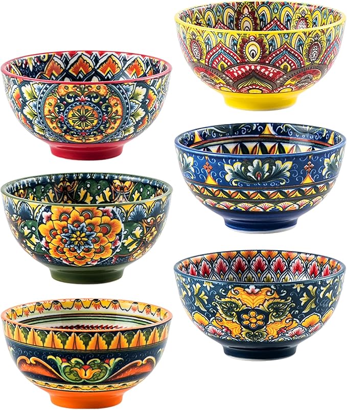 Henten Home 6.5 oz Small Dessert Bowls, Porcelain Boho Snack Bowl Set of 6 - Ceramic Colorful Bowls for Salsa, Dipping, Sauce, Decorative, Microwave & Dishwasher Safe