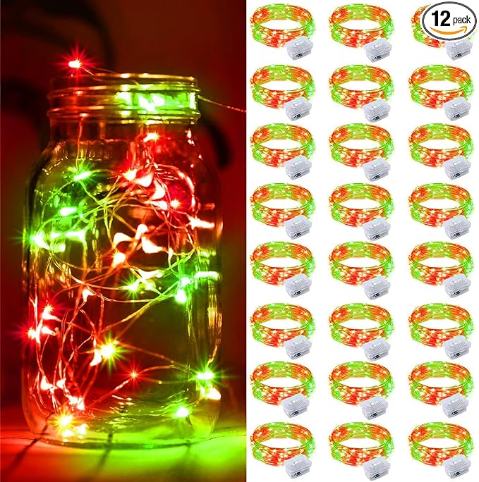 ZGWJ 24 Pack Christmas Fairy Lights Battery Operated, 7ft 20LED Mini Fairy String Lights Silver Wire 3 Modes Waterproof for Christmas Tree DIY, Parties, Bedroom Decorations Red&Green
