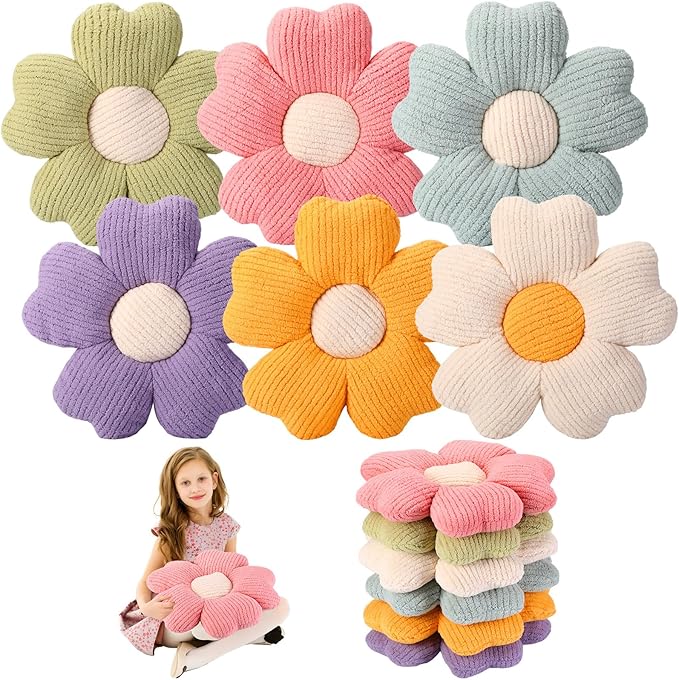 6 Pcs Flower Shaped Pillows Daisy Floor Throw Pillows 15 Inch Flower Seat Cushion for Reading Sofa Couch Bed Decor for Christmas Back to School Classroom(Bright Color)