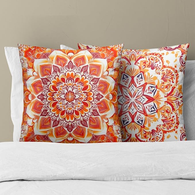 Boho Throw Pillow Covers 22x22 - Orange Floral Pillow Covers Set of 2 Bohemian Pillowcase Botanical Flowers Blossom Cushion Case for Sofa Bed Couch Home