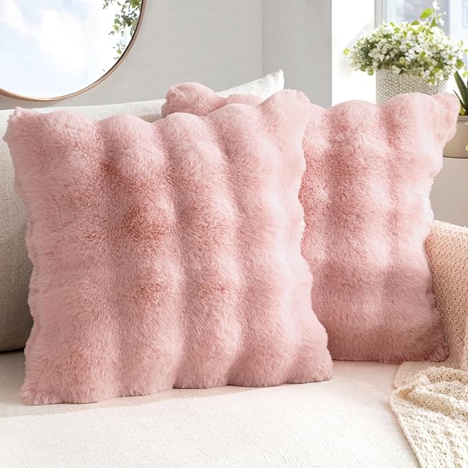 MIULEE Pack of 2 Decorative Pillow Covers Thick Soft Plush Faux Fur Throw Pillows Luxury Home Decor for Couch Bedroom Living Room Sofa,18x18 Inch Light Pink