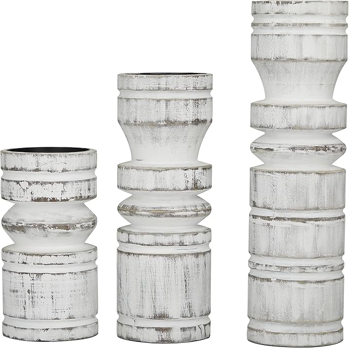 Deco 79 Wood Decorative Candle Holder Candle Stand, Set of 3 Candlestick Holder 14", 11", 8" H, White