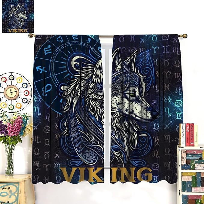 Viking Wolf Curtains Blue Rune Nordic Gothic Animal Curtains Dark Ancient Totem Mythological Pattern Printed Curtains Boys Bedroom Living Room Decoration Blackout Curtains W42 * L63 Inch
