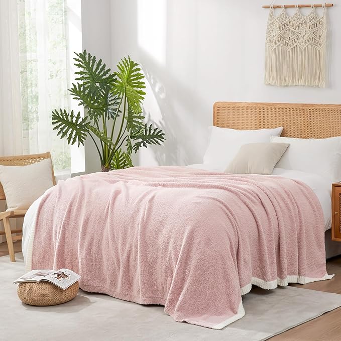 Snuggle Sac Pink Bedding Blankets Queen Size 90x90 inches, Reversible Microfiber Fluffy Fuzzy Soft Throw Cozy Knit Blanket for Women Mothers Birthday Gifts