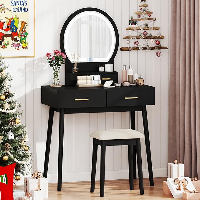 CHARMAID Vanity Desk with Mirror and Lights, Modern Makeup Vanity Table with 4 Drawers, 3-Color Dimmable LED Mirror, Girls Dressing Table and Stool Set for Small Bedroom (Black)