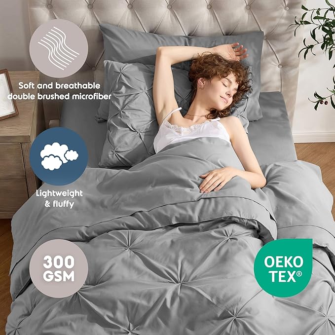 Nestl Twin Comforter Set 5 Piece - Pintuck Twin Bedding Sets Grey, College Dorm Room Essentials for Girls and Boys Bed in a Bag Twin All Season, Twin Comforter Set with Sheets, Pillowcase and Sham