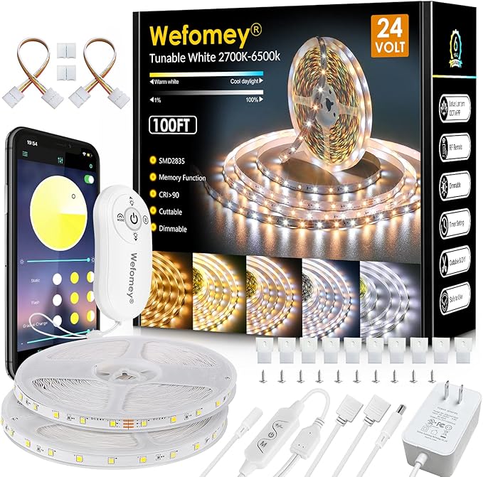 White LED Strip Lights, 100ft Dimmable Bright 24V Led Tape Light with Remote and App Control, 2700K-6500K White 1800 LEDs Lights for Bedroom, Kitchen, Ceiling (2 Rolls of 50ft)
