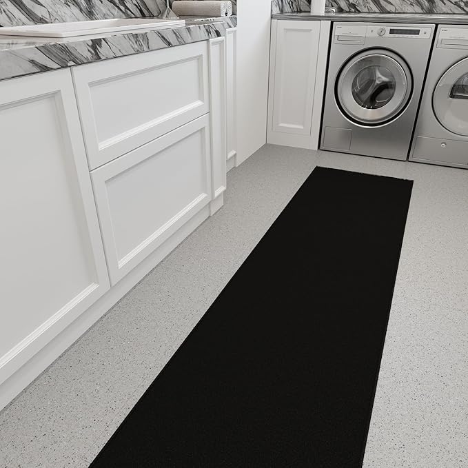 Ottomanson 2x46 Non Slip Extra Long Hallway Runner Rug with Rubber Backing - Solid Modern Kitchen Rug for Bedroom or Living Room, Black, 2' x 46'