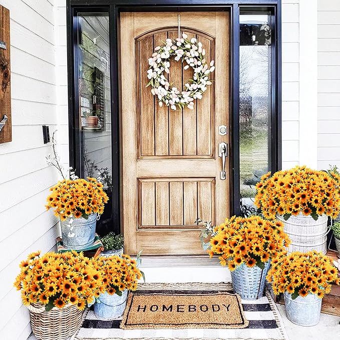 Uieke 6 Bundles Sunflowers Artificial Flowers Daisy Mums Fake Flowers Outdoor UV Resistant No Fade Fall Flowers 24 Stems Greenery Shrubs Indoor Outside Home Wedding Office DIY Garden Décor (Yellow)