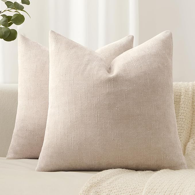 Woaboy Set of 2 Textured Throw Pillow Covers Decorative Soft Accent Square Chenille Pillowcases Neutral Farmhouse Cushions Modern Home Decor for Couch Sofa Bedroom Living Room 20x20 Inch, Beige