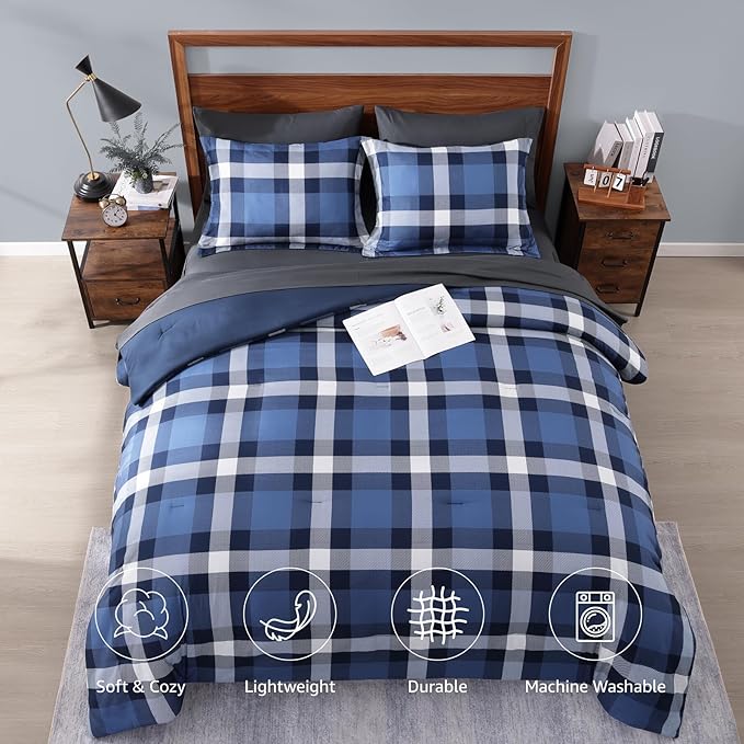MaiRêve Full Size Plaid Comforter Set Indigo Blue, Classic Checkered 7 Pieces Bedding Set for Boys Girls Teen, All Season Lightweight Bed in A Bag with Sheets, Pillowcases & Shams