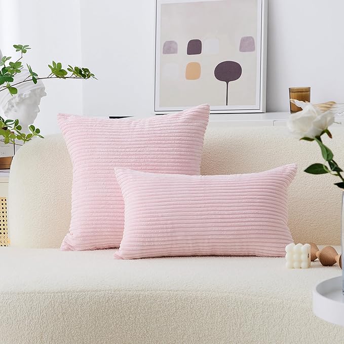 Home Brilliant Coral Throw Pillow 24x24 Pillow Covers for Room Large Euro Sham Super Soft Striped Velvet Couch Throw Pillow Cover for Wedding, 24 x 24 (60cm), Blush Pink