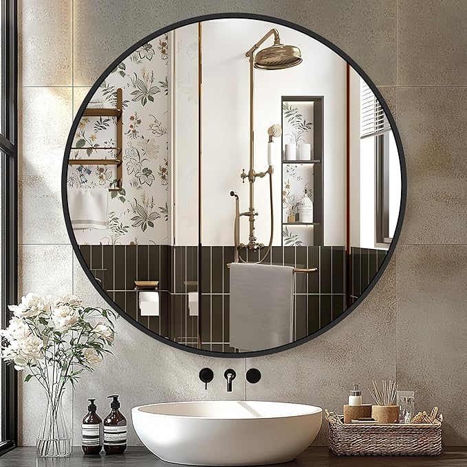 Black Bathroom Mirrors for Wall,30'' Round Circle Mirror for Entryway Bedroom Vanity Frame Mirror(30'',Black)