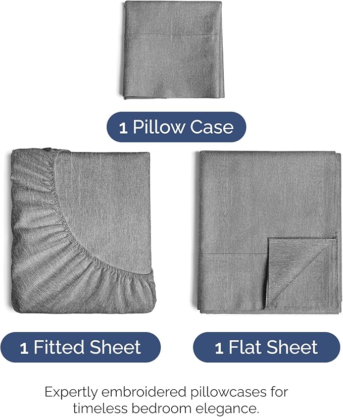 Twin Size 3 Piece Sheet Set - Comfy Breathable & Cooling Bed Sheets Set - Hotel Luxury Bedding for Women, Men, Kids, Teens, Boys & Girls - Deep Pockets, Soft & Wrinkle Free - Grey (Heathered Sheets)