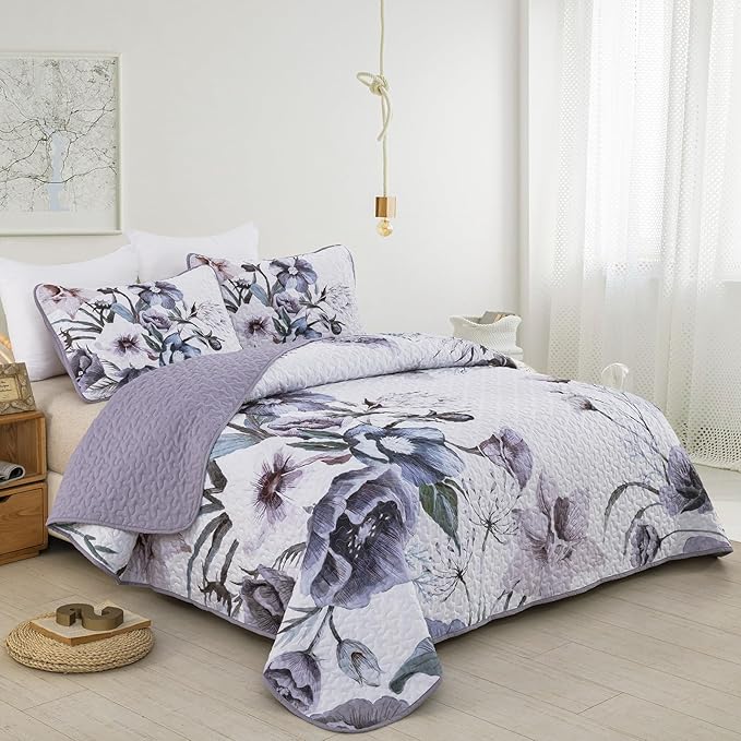 Drucon Purple Floral Quilt Set King Size 3 Pieces Purple Botanical Flower Quilt Coverlet Set Soft Microfiber Lightweight Quilted Bedspread for All Season 104"x90"