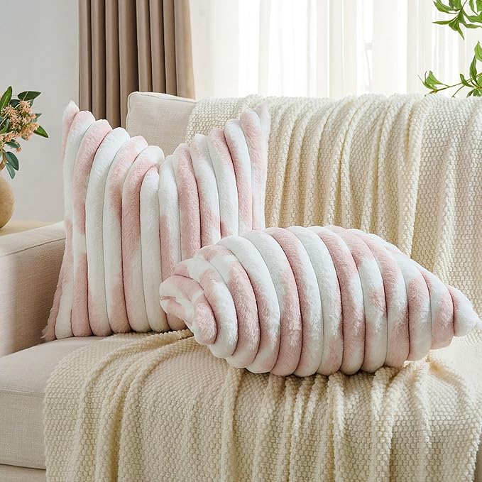 FUTEI Pink Decorative Throw Pillow Covers 26x26 Inch Set of 2, Soft Tie-Dye Faux Rabbit Fur Striped Texture Euro Pillow Sham, Modern Home Decor for Couch Bed Living Room