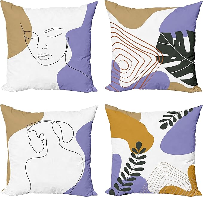 Ambesonne Minimal Throw Pillow Cushion Case Pack of 4, Modern Line Art Woman Portrait with Contemporary Leafy Geometric Details, Modern Accent Double-Sided Digital Printing, 20", Tan Amber Lavender