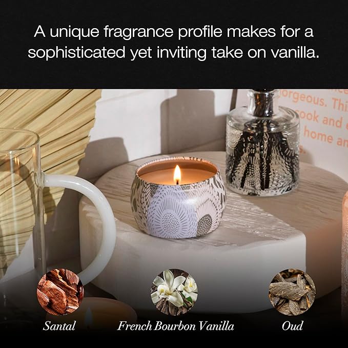 Voluspa Santal Vanille, Mini Tin Candle, 4 Ounce, 25 Hour Burn Time, Coconut Wax for Clean Burning, Handcrafted in The USA
