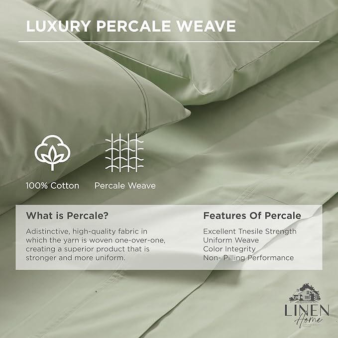 Linen Home 100% Cotton Percale Weave Fitted Sheet, Queen Size, Sage, 1 Deep Pocket Fitted Sheet, Fits Mattress Upto 16" Crisp and Cool Strong Bed Linen, 60"X80"+15"
