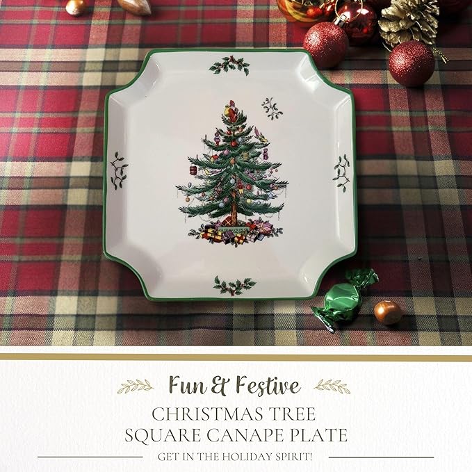 Spode Christmas Tree Canape Plate - 8" Holiday Serving Dish for Appetizers, Desserts, Treats - Fine Porcelain with Red Border, Dishwasher Safe - Ideal Christmas Tableware