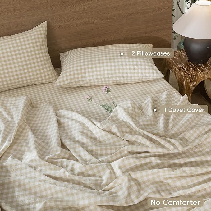 MooMee Gingham Duvet Cover Set 100% Washed Cotton Linen Like Textured Breathable Durable Soft Comfy Modern Checkered Design (Almond Milk Grey Gingham, Full 80"x90")