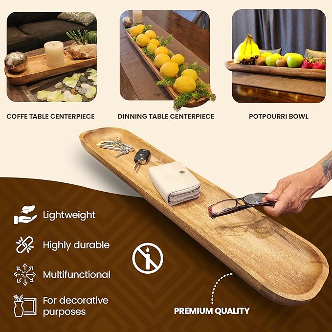 Wooden Dough Bowl - 30'' x 6'' x 3'' - Hand Carved Solid Wood Decorative Tray, Rustic Farmhouse Style, 5.0 oz Capacity - Gift Box Included