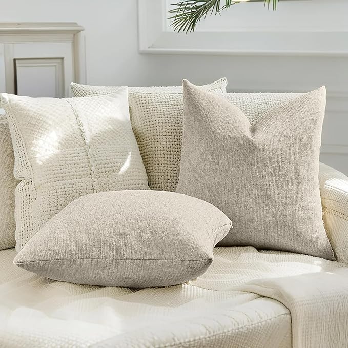 HAUSSY Beige Throw Pillow Covers 20x20 Inch Set of 2,Boho Decorative Faux Linen Throw Pillows Cozy Farmhouse Accent Cushion Covers,Home Decor for Couch Sofa Bed Living Room