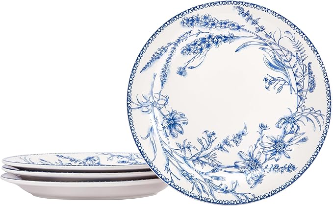 Bico Blue Garden Toile De Jouy Dinner Plates Set of 4, 11 Inch Large Ceramic Plates for Pasta, Steak, Stylish Serving Dishes, Microwave and Dishwasher Safe, Gift for Housewarming and Thanksgiving