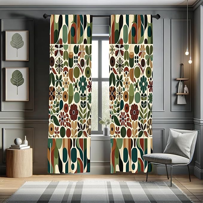 Ambesonne Scandinavian Window Curtains, Abstract Geometric Art of Leaves and Flowers with Bohemian Feel, Lightweight Decor 2-Panel Set with Rod Pocket, Pair of - 28" x 63", Olive Green Redwood Beige