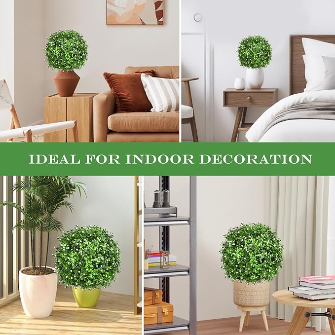 23" Set of 2 Artificial Boxwood Topiary Ball with Spikes Gypsophila Flowers for Outdoor, UV Resistant Faux Greenery Shrubs, Realistic Fake Bushes Plants for Garden, Yard, Front Porch, Patio Decor