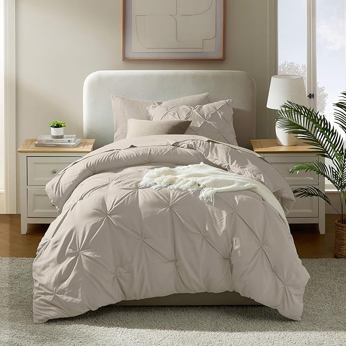 Nestl Twin Comforter Set 5 Piece - Pintuck Twin Bedding Sets Beige, College Dorm Room Essentials for Girls and Boys Bed in a Bag Twin All Season, Twin Comforter Set with Sheets, Pillowcase and Sham