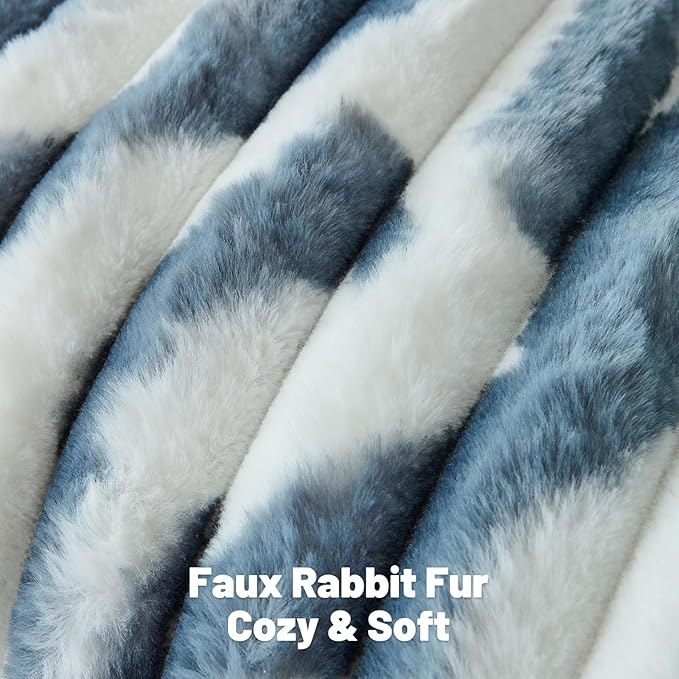 FUTEI Blue Decorative Throw Pillow Covers 12x20 Inch Set of 2, Soft Tie-Dye Faux Rabbit Fur Striped Texture Pillow Case, Modern Home Decor for Couch Bed Living Room