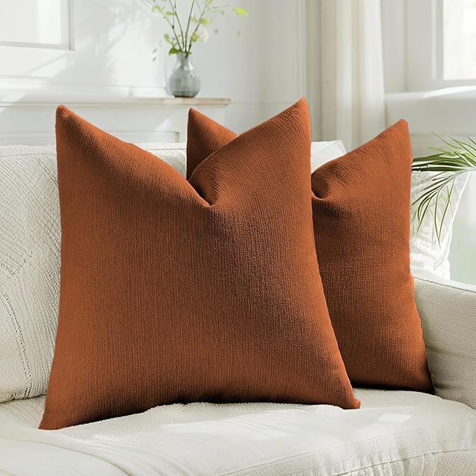 HAUSSY Rust Throw Pillow Covers 26x26 Inch Set of 2,Boho Decorative Faux Linen Throw Pillows Cozy Farmhouse Accent Cushion Covers,Home Decor for Couch Sofa Bed Living Room