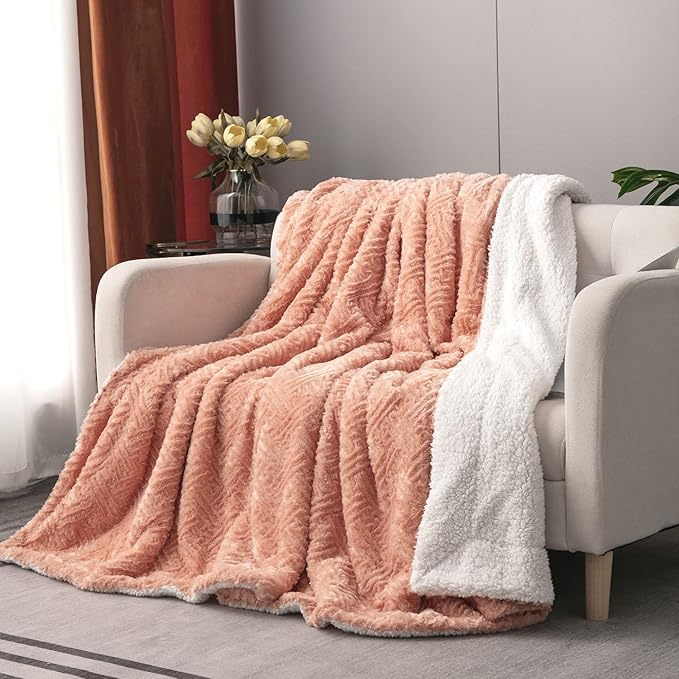 DaDa Bedding Coral Pastel Peach Rose Faux Fur Throw Blanket - Dreamy Geometric Embossed Sherpa Backside - Super Soft Warm Cozy Plush Fluffy - 90" x 90"